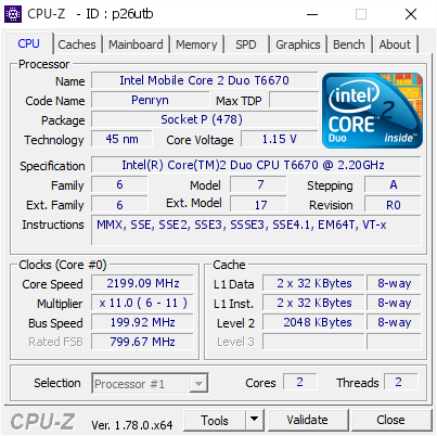 Intel Mobile Core 2 Duo T6670 @ 2199.09 MHz - CPU-Z VALIDATOR