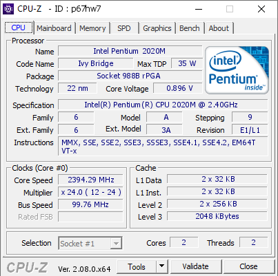 screenshot of CPU-Z validation for Dump [p67hw7] - Submitted by  DESKTOP-3EPOEA0  - 2023-12-25 19:09:17