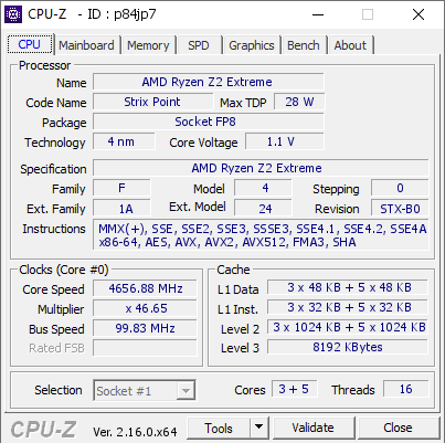 screenshot of CPU-Z validation for Dump [p84jp7] - Submitted by  MSI Claw A8  - 2025-08-24 10:23:29