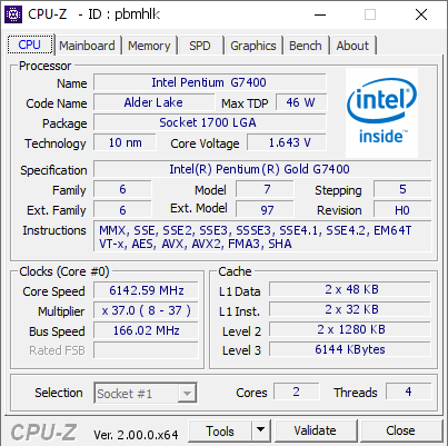 screenshot of CPU-Z validation for Dump [pbmhlk] - Submitted by    - 2022-03-12 20:22:54