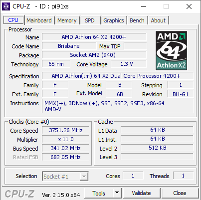 screenshot of CPU-Z validation for Dump [pi91xs] - Submitted by  Boblemagnifique x2 4200+ Chiller  - 2026-03-17 23:16:55