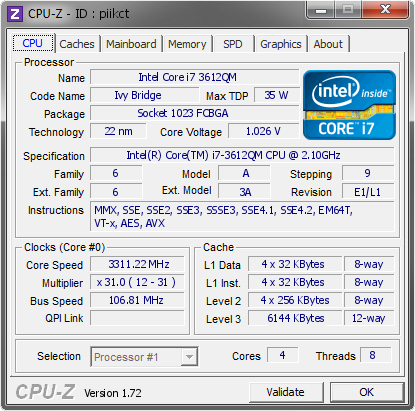 Intel Core i7 3612QM @ 3311.22 MHz - CPU-Z VALIDATOR