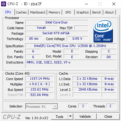 screenshot of CPU-Z validation for Dump [pjuc2f] - Submitted by  LATITUDE-D420  - 2020-03-20 08:16:55