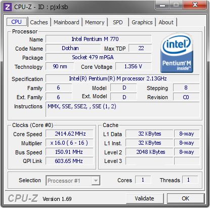 Intel Pentium M 770 2414 62 Mhz Cpu Z Validator