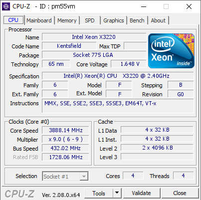 screenshot of CPU-Z validation for Dump [pm55vm] - Submitted by  Feltyham  - 2024-02-27 22:40:19