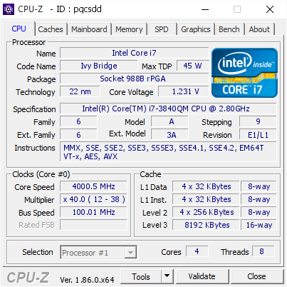 Intel Core i7 @ 4000.5 MHz - CPU-Z VALIDATOR