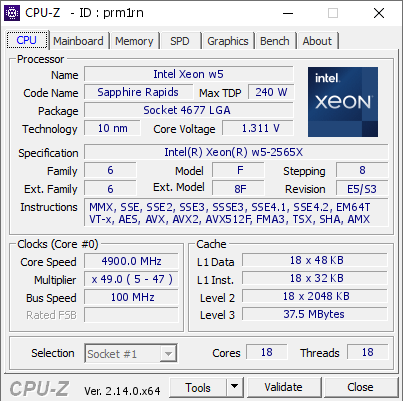 screenshot of CPU-Z validation for Dump [prm1rn] - Submitted by  XEONBBS  - 2026-02-09 00:58:26