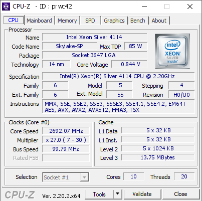 screenshot of CPU-Z validation for Dump [prwc42] - Submitted by  P720  - 2026-06-20 18:30:26