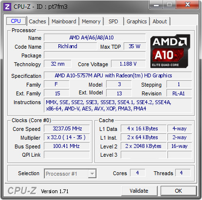 screenshot of CPU-Z validation for Dump [pt7fm3] - Submitted by  XIAO  - 2014-10-19 21:10:30