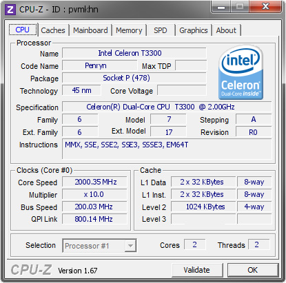 Intel Celeron T3300 @ 2000.35 MHz - CPU 
