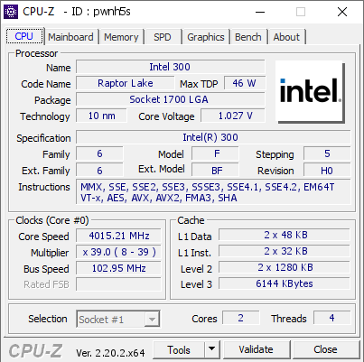screenshot of CPU-Z validation for Dump [pwnh5s] - Submitted by  xandercusa  - 2026-08-18 02:15:27