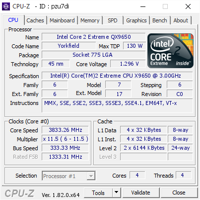 Intel Core 2 Extreme QX9650 @ 3833.26 MHz - CPU-Z VALIDATOR