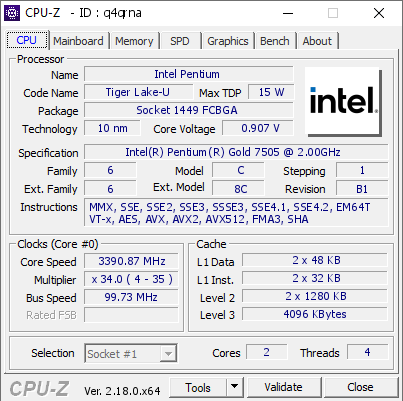 screenshot of CPU-Z validation for Dump [q4qrna] - Submitted by  DESKTOP-OAPSO7B  - 2026-02-18 15:08:10