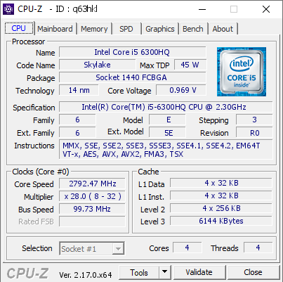 screenshot of CPU-Z validation for Dump [q63hkl] - Submitted by  DESKTOP-DL1H3VV  - 2026-03-15 17:44:30