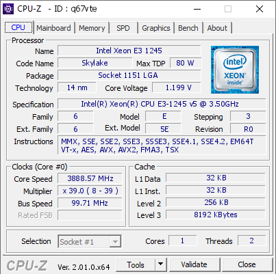 screenshot of CPU-Z validation for Dump [q67vte] - Submitted by  Anonymous  - 2022-07-04 14:59:21