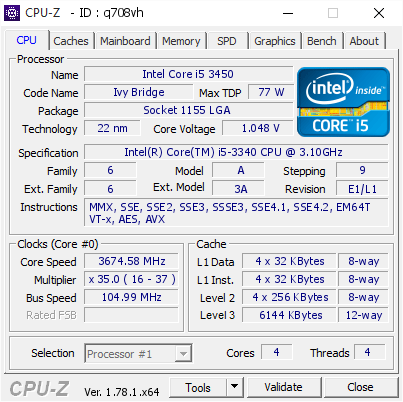 screenshot of CPU-Z validation for Dump [q708vh] - Submitted by  Anonymous  - 2017-01-02 17:29:23