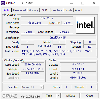 screenshot of CPU-Z validation for Dump [q7zix5] - Submitted by  Anonymous  - 2023-05-22 12:14:42