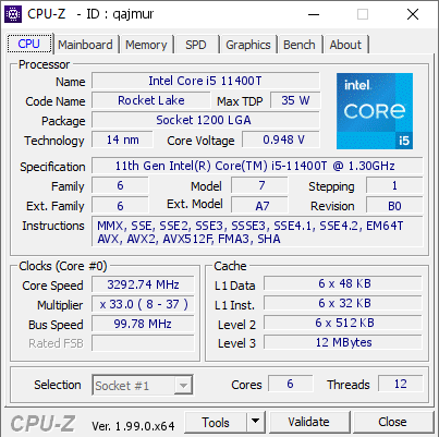 screenshot of CPU-Z validation for Dump [qajmur] - Submitted by  Anonymous  - 2022-02-02 22:04:35