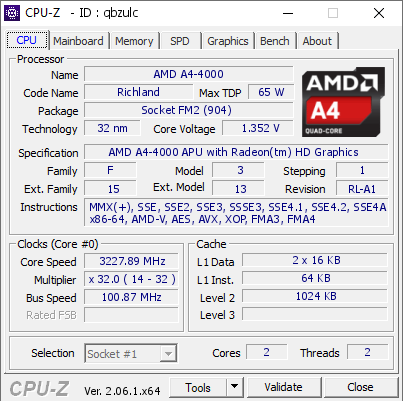 AMD A4 4000 3227.89 MHz CPU Z VALIDATOR