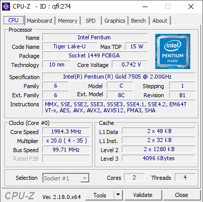 screenshot of CPU-Z validation for Dump [qfk274] - Submitted by  Anonymous  - 2026-10-20 23:44:49