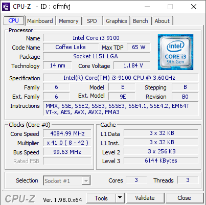 Intel Core i3 9100 @ 4084.99 MHz - CPU-Z VALIDATOR