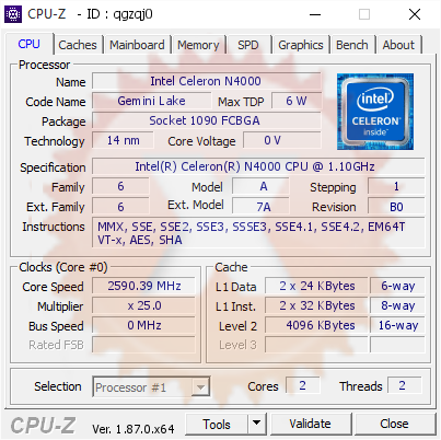 Cirkel Zegevieren schuifelen Intel Celeron N4000 @ 2590.39 MHz - CPU-Z VALIDATOR