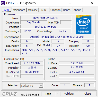 screenshot of CPU-Z validation for Dump [qhaw2p] - Submitted by  ЮРИЙ-ПК  - 2024-02-19 14:09:54