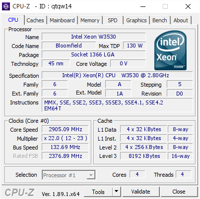 Intel Xeon W3530 2905 09 Mhz Cpu Z Validator