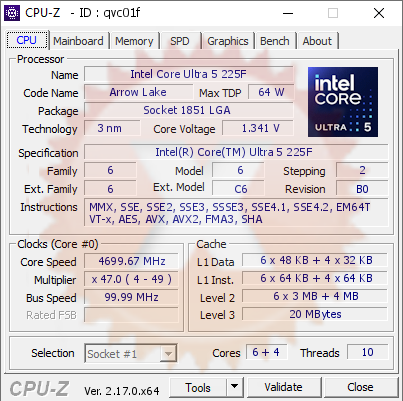 screenshot of CPU-Z validation for Dump [qvc01f] - Submitted by  Anonymous  - 2026-10-13 19:09:53