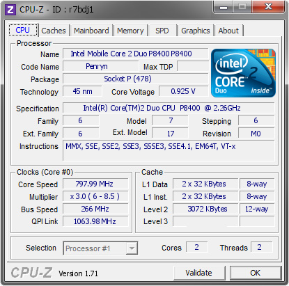 Verdwijnen Wierook te ontvangen Intel Mobile Core 2 Duo P8400 P8400 @ 797.99 MHz - CPU-Z VALIDATOR