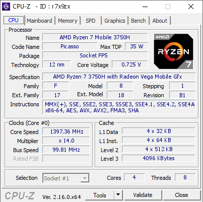 screenshot of CPU-Z validation for Dump [r7x9zx] - Submitted by  LAPTOP-98C99GTT  - 2025-07-10 16:07:33