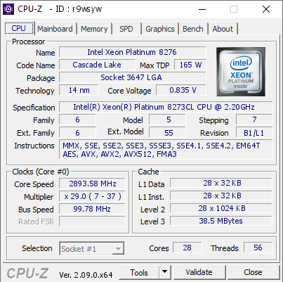 screenshot of CPU-Z validation for Dump [r9wsyw] - Submitted by  Anonymous  - 2024-02-28 05:26:55
