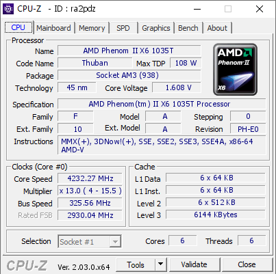 screenshot of CPU-Z validation for Dump [ra2pdz] - Submitted by  phenom ii x6  - 2022-10-23 20:26:12