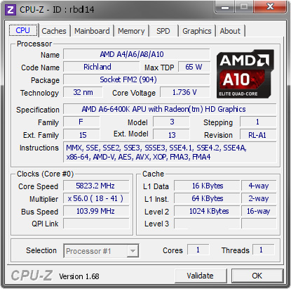 screenshot of CPU-Z validation for Dump [rbdl14] - Submitted by  Gubben@tech  - 2014-02-23 14:02:38