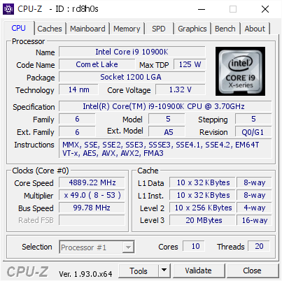 Intel Core I9 10900k 4889 22 Mhz Cpu Z Validator