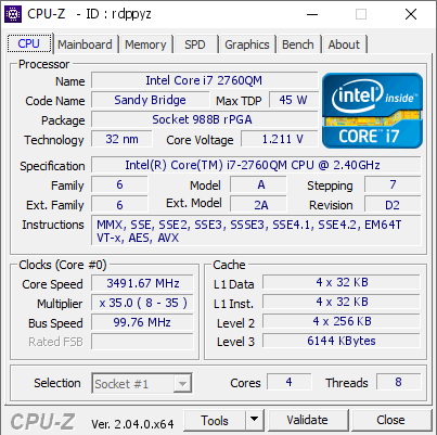screenshot of CPU-Z validation for Dump [rdppyz] - Submitted by  VON-VOSTRO3550  - 2023-02-16 01:51:48