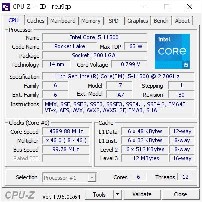 screenshot of CPU-Z validation for Dump [reu9qp] - Submitted by  DESKTOP-9PQ2B16  - 2021-05-09 11:39:01