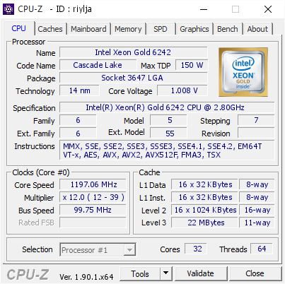 screenshot of CPU-Z validation for Dump [riylja] - Submitted by  Anonymous  - 2019-10-23 15:54:49