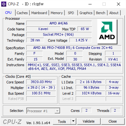 screenshot of CPU-Z validation for Dump [rkqzlw] - Submitted by  DESKTOP-S736CVJ  - 2019-10-13 18:36:53