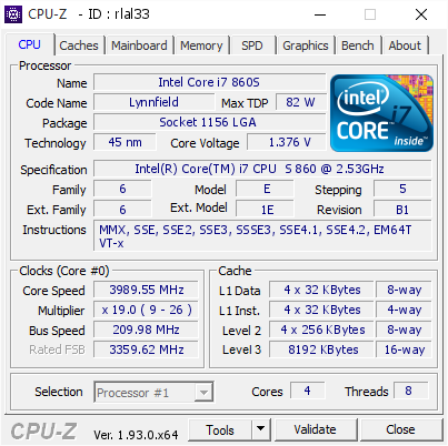 screenshot of CPU-Z validation for Dump [rlal33] - Submitted by  Anonymous  - 2020-09-28 19:31:16