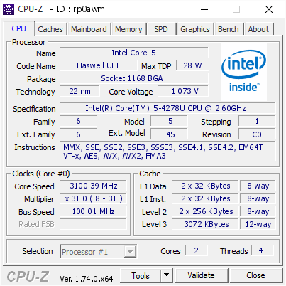 screenshot of CPU-Z validation for Dump [rp0awm] - Submitted by  DESKTOP-515D01C  - 2015-10-29 17:53:49