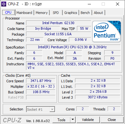 screenshot of CPU-Z validation for Dump [rr1gzr] - Submitted by  aperacer  - 2022-02-27 16:44:59