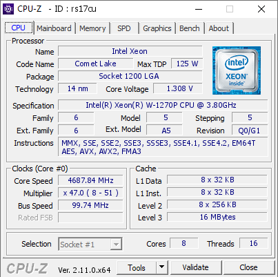 screenshot of CPU-Z validation for Dump [rs17cu] - Submitted by  Anonymous  - 2024-10-17 08:58:17