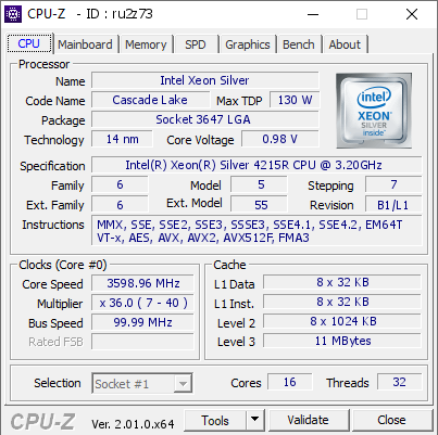 screenshot of CPU-Z validation for Dump [ru2z73] - Submitted by  Anonymous  - 2022-04-28 18:16:04