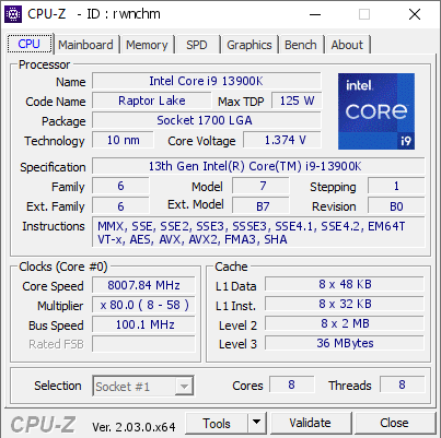 screenshot of CPU-Z validation for Dump [rwnchm] - Submitted by  Seby9123  - 2022-10-30 14:46:43
