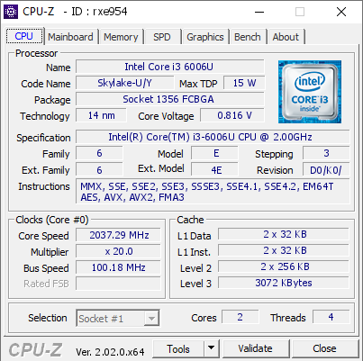 screenshot of CPU-Z validation for Dump [rxe954] - Submitted by  LAPTOP-5QQPOPCD  - 2022-09-13 16:16:55