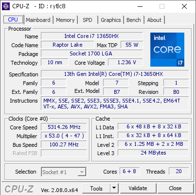 screenshot of CPU-Z validation for Dump [rytlc8] - Submitted by  YLW-LAPTOP  - 2024-03-01 18:29:24