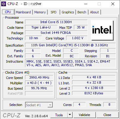screenshot of CPU-Z validation for Dump [ryz9wr] - Submitted by  LAPTOP-PB7FKNV4  - 2026-02-19 14:14:18