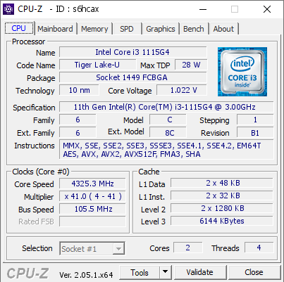 screenshot of CPU-Z validation for Dump [s6hcax] - Submitted by  Anonymous  - 2023-05-01 20:31:33