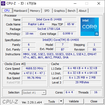 screenshot of CPU-Z validation for Dump [s70j0a] - Submitted by  DESKTOP-TKSPP9F  - 2026-06-27 11:23:56